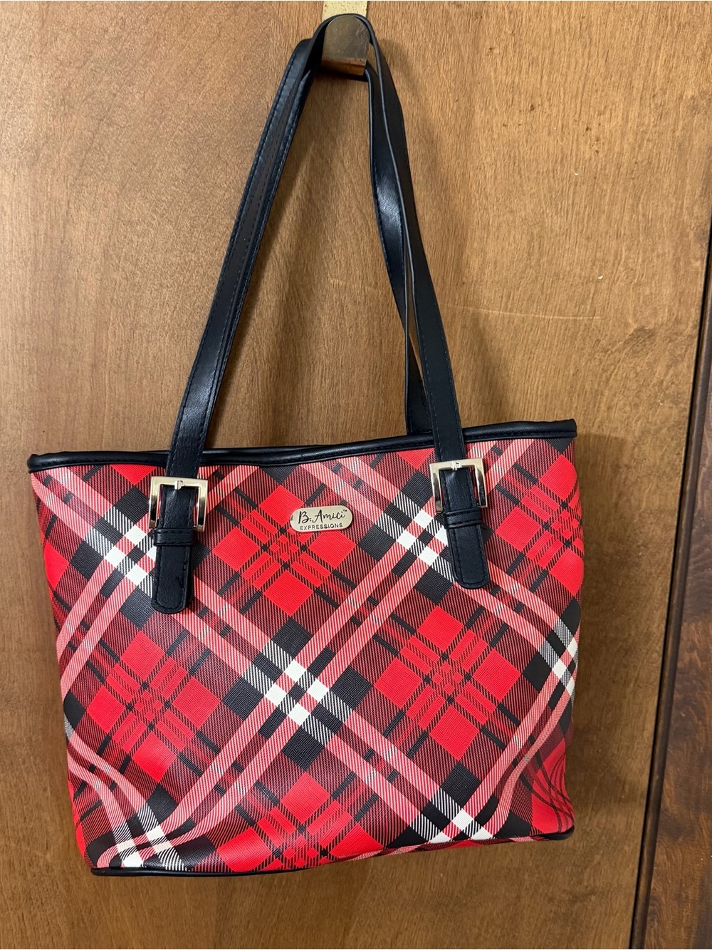 B. Amici Red Plaid Shoulder Tote with Black Straps